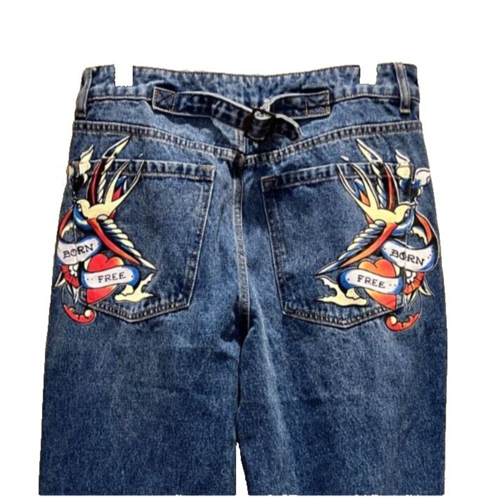 Ed Hardy Wide Leg Jeans Born Free Blue Denim Size 30 Buckle Tab NEW without tag